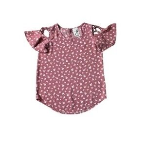 Lily Bleu Peasant Blouse Top MEDIUM (10-12) Pink Floral Flutter Sleeve